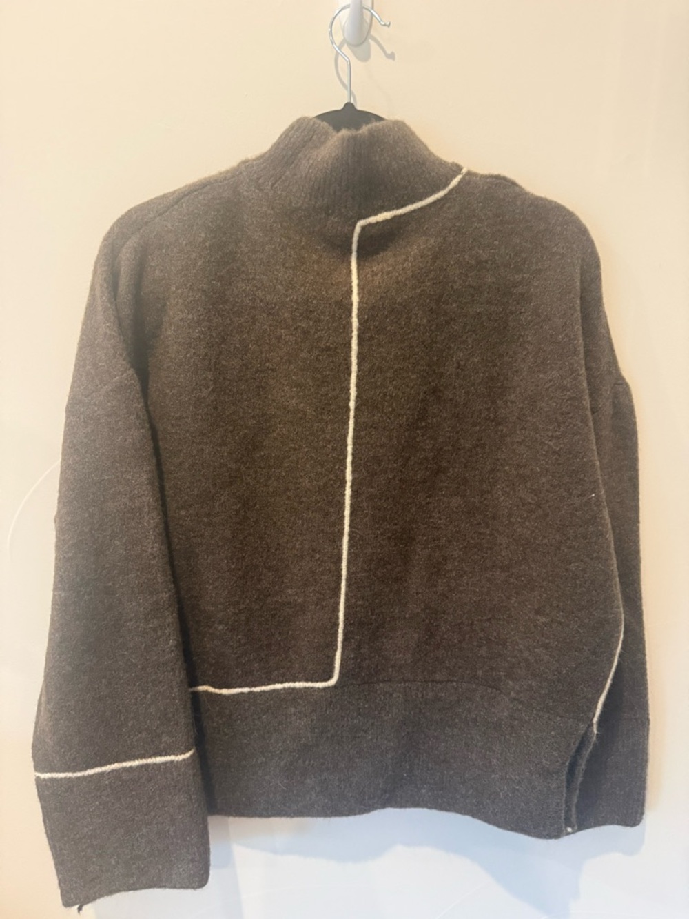 Zara Brown Turtleneck Sweater with Cream Contrast Trim
